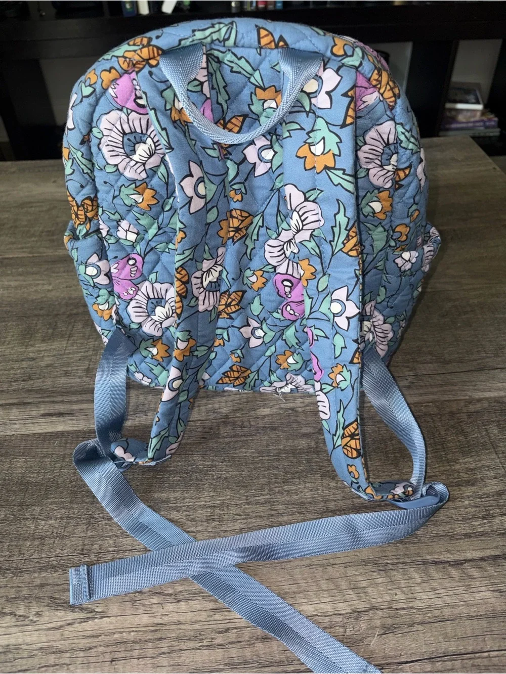 Vera Bradley Quilted Kids Backpack in Blue with Pink and Orange Accents
